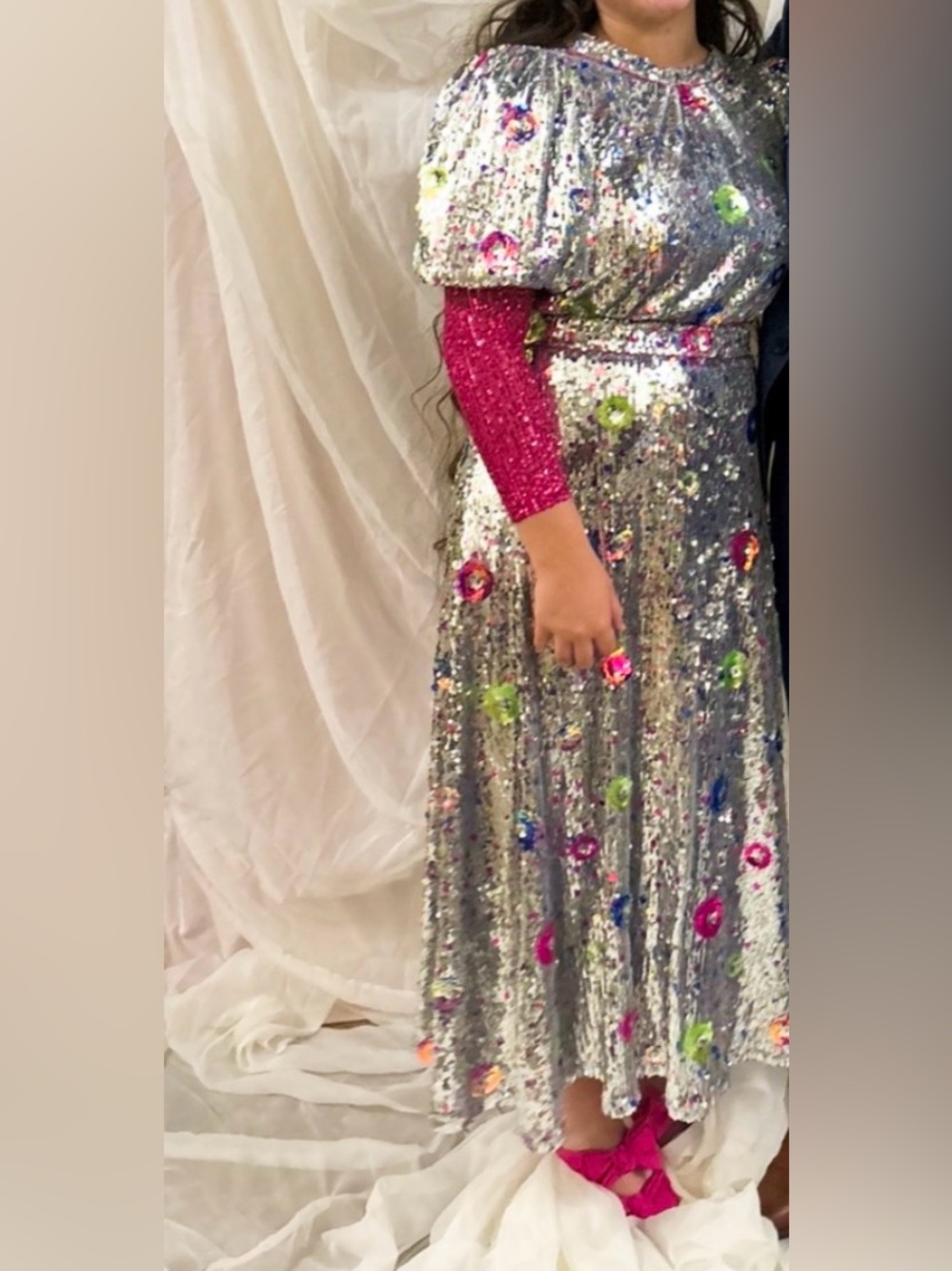 Silver Sequin Puff-Sleeve Maxi Dress with Multicolor Embellishments - Picture 6 of 6